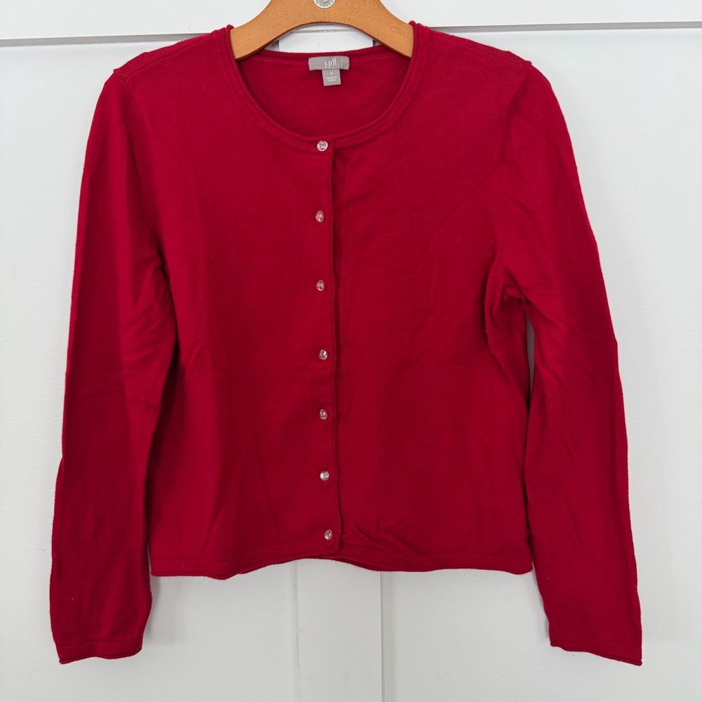 J. Jill‎ Women’s Red Cardigan Sweater Cotton Button Down Lightweight Roll Neck S